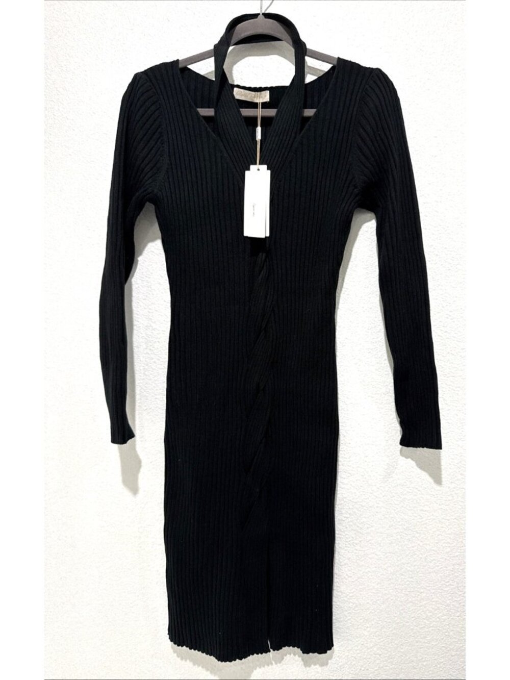 Belle Pogue Elegant Retro Ribbed Knit Dress Twist Front Bodycon Black Dress Sz S